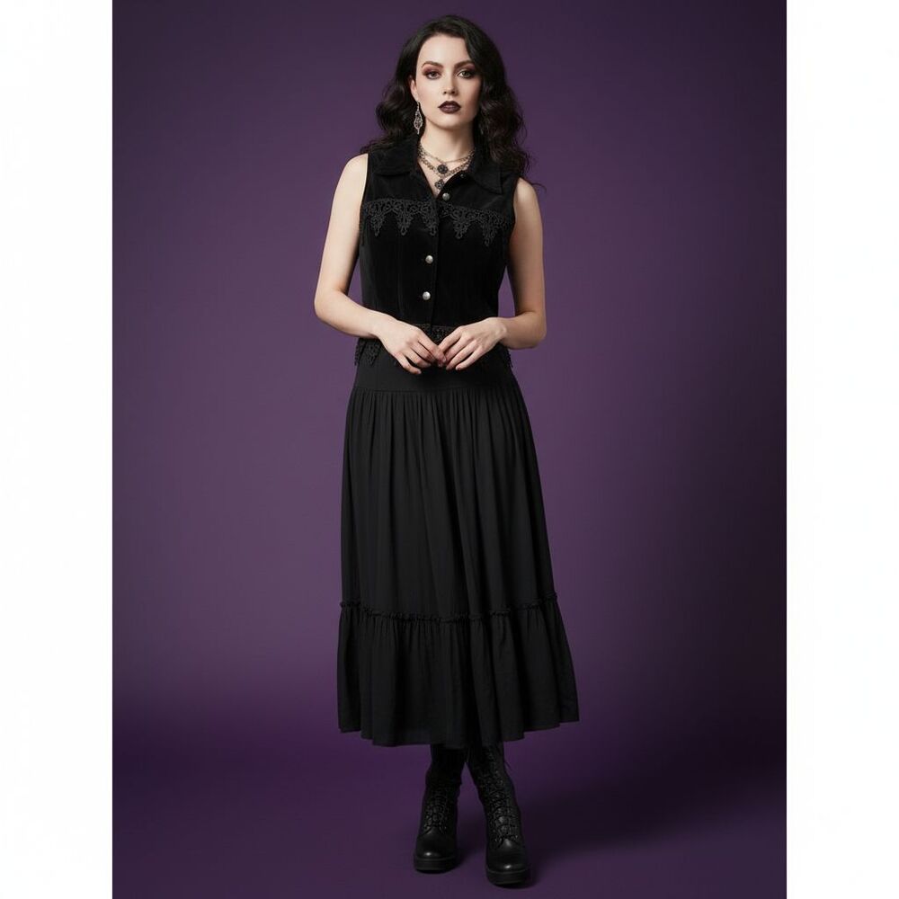 Stonebridge Petites Womens Small Black Velvet Applique Vest Boho Goth Style - Picture 2 of 13
